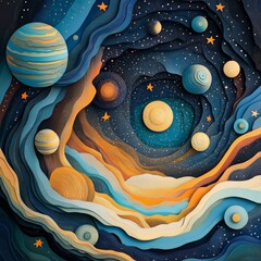 Stunning digital artwork depicting a vibrant cosmic scene with abstract planets and swirling galaxy, perfect for space and fantasy themes.