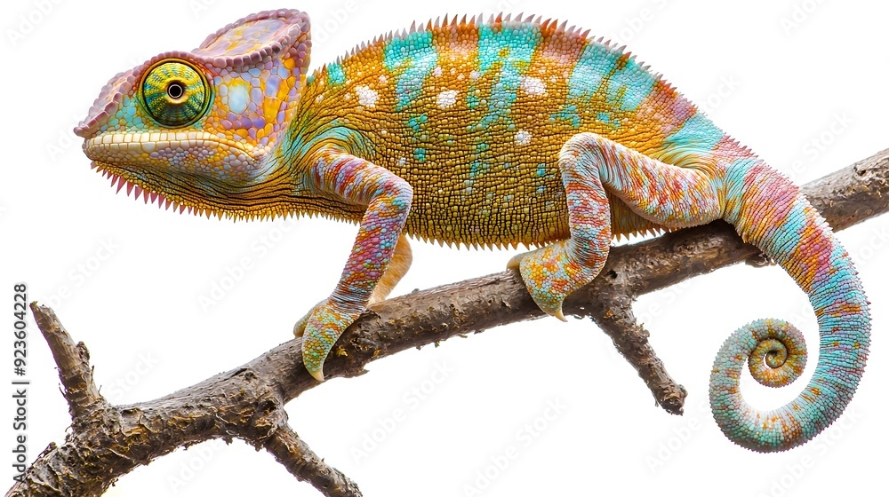 Poster Vibrant Chameleon with Curled Tail Showcasing Unique Colors and Textures on Clean Background