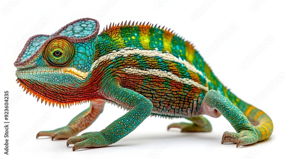 Poster vibrant chameleon displaying unique colors and textures on clean white background