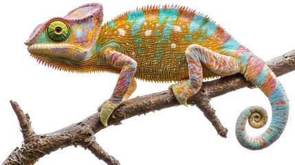 Naklejka premium Vibrant Chameleon with Curled Tail Showcasing Unique Colors and Textures on Clean Background