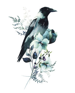 recommend clip art: Watercolor painted floral vertical bouquet and crow. Blue, turquoise flowers, wild swamp branches, leaves, blueberry twigs. Watercolour artistic template design.