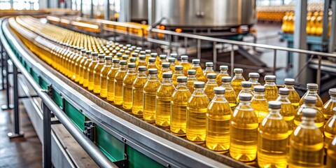 Conveyor belt in factory with rows of bottles filled with yellow liquid, factory, conveyor belt, bottles
