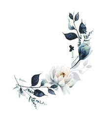 Watercolor painted floral bouquet arrangement. Blue flower, dusty pink, blush, orange wild meadow twigs, branches, leaves, butterfly. Hand drawn illustration. Watercolour artistic template design.