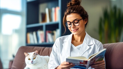 Caucasian white female, woman doctor reading book at home with cat. Medical professional in white coat enjoying a quiet moment with her pet on the couch. Concept of work-life balance healthcare worker
