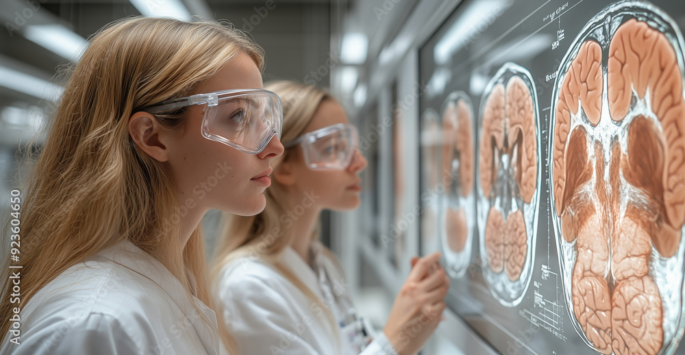 Aufkleber Scientists in lab coats study detailed brain scans, focusing intently on the complex neurological images displayed on large screens.