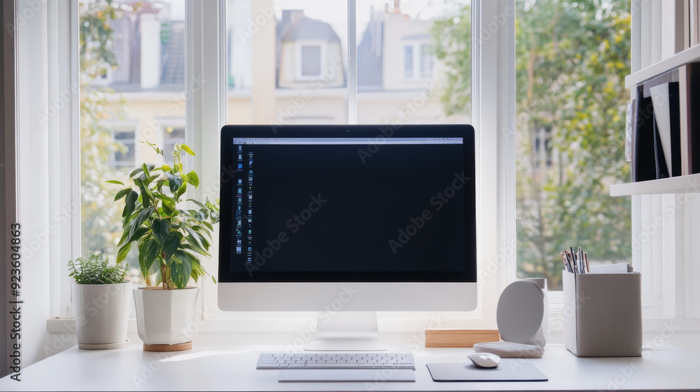 Poster a tidy and organized home office with minimalist decor, emphasizing productivity and simplicity.