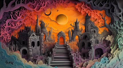 Obraz premium Surreal fantasy landscape with intricate ruins, a glowing sun, and a vibrant color palette of orange, red, and purple hues.