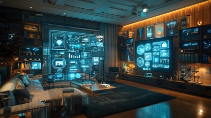 IoT Concept in a Modern Living Room: A Fusion of Business, Technology, and Interior Design. Showcasing Smart Home Features with Holographic Smart Technology Images. A Vision of the Future Where Busine