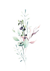 Watercolor painted floral bouquet arrangement. Blue, pink, green wild meadow twigs, moss, blueberry branch, turquoise leaves. Hand drawn illustration. Watercolour artistic template design.