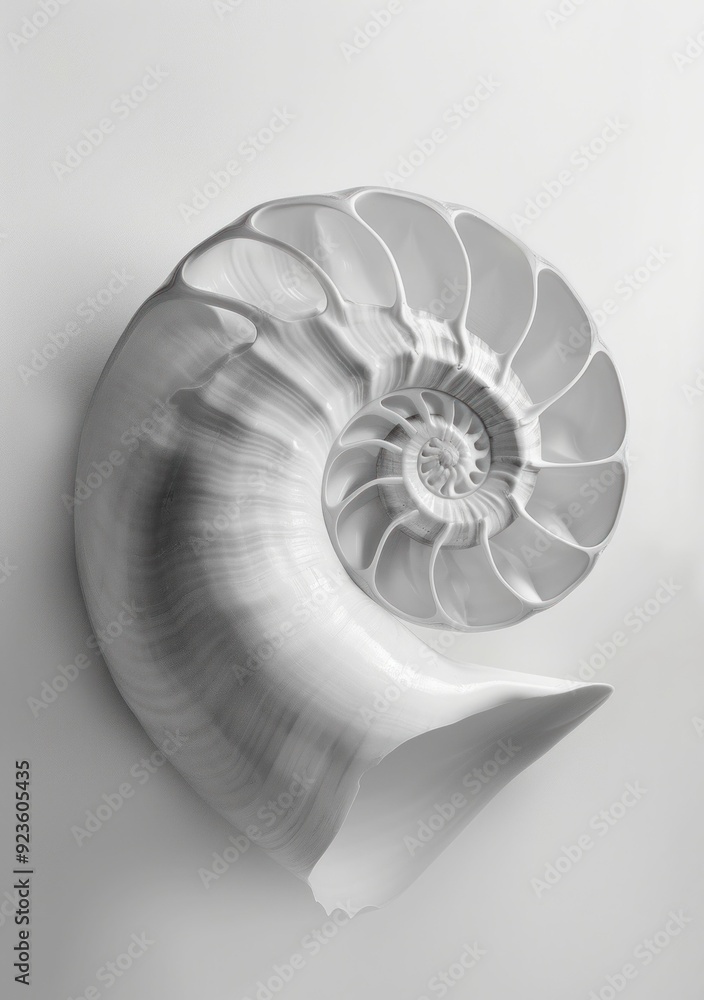 Poster white nautilus shell on a neutral background, showcasing intricate spiral patterns and smooth surfac