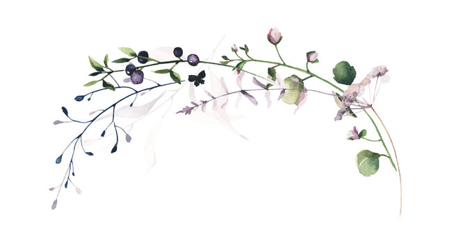 recommend clip art: Watercolor painted floral semi circle wreath frame. Pink flowers, blue, green wild meadow and swamp twigs, moss branch, turquoise leaves. Hand drawn illustration clip art. Watercolour template design