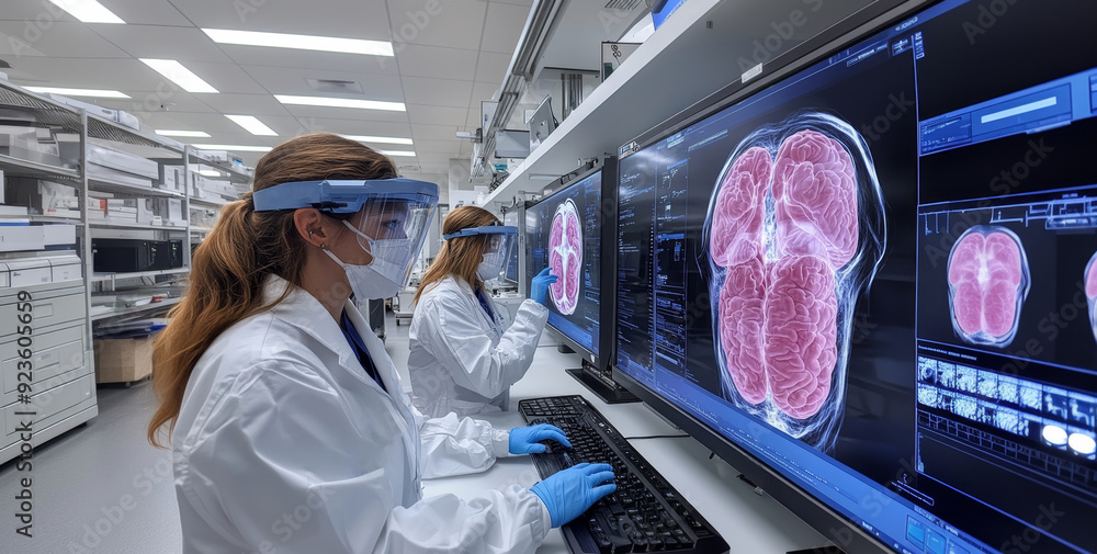 Poster researchers in lab coats and safety gear examine brain images on computer screens, focused on their 