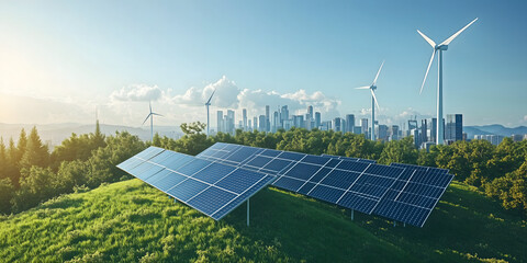 Green energy with solar panels wind turbines city skyline background