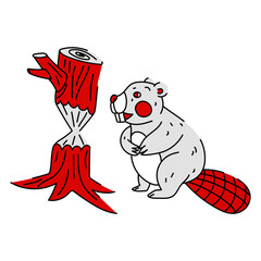 flat vector illustration of a beaver in red and white colors with a gnawed tree, stylized as the Canadian flag. beaver with big teeth and a tree. it gnaws to create a dam. Canadian animals. Canada Day