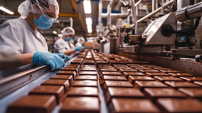 Worker in Protective Gear Operating Chocolate Bar Production Line in Factory