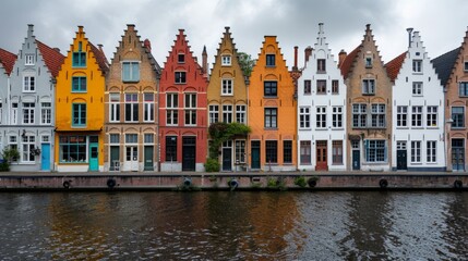 Fototapeta premium Colorful historic houses along the canal in Bruges, Belgium on a cloudy day