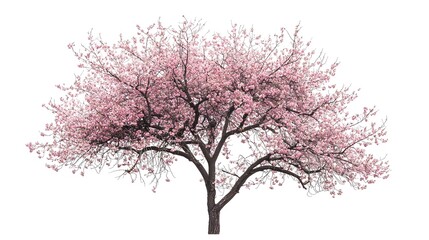 Lush Cherry Blossom Tree Displaying Delicate Pink Flowers on White Background