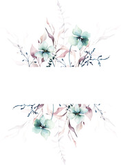 Watercolor painted floral rectangular border frame. Turquoise flowers, blush pink branches, dark blue wild berries, twigs, leaves. Hand drawn illustration. Watercolour artistic template design.