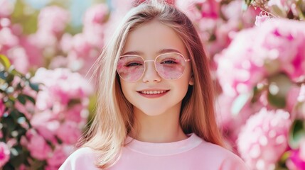Fototapeta premium Young girl wearing pink sunglasses smiles amid blooming pink flowers in a sunny garden during spring.