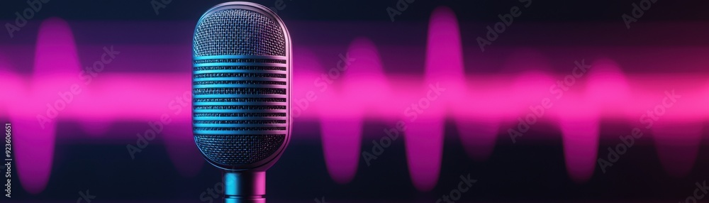 Poster stylish microphone with vibrant sound waves representing music and performance in a modern setting.