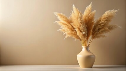 Golden pampas grass in a round beige vase on background, pampas grass, golden, round vase, beige,background, decor, interior