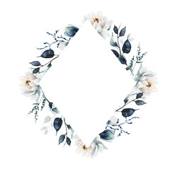Watercolor painted floral garland rhombus frame. White lotus flowers, blue, turquoise wild meadow berries, twigs, branches, leaves. Hand drawn illustration template. Watercolour template design.