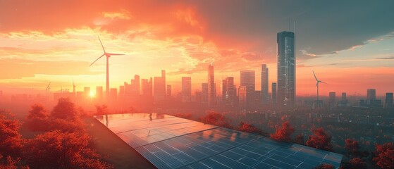 Wind turbines and solar panels in a modern city, representing renewable energy