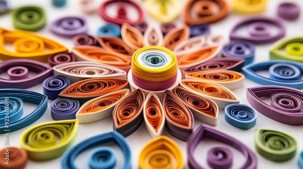 Poster vibrant and colorful paper quilling design with intricate patterns and shapes, perfect for art and c