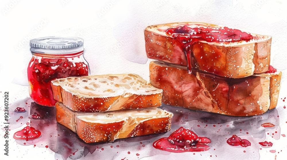 Poster freshly toasted bread with jam on a table alongside a jar of homemade raspberry preserves