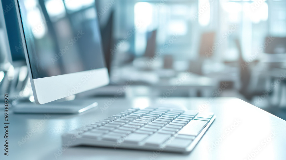 Poster a white computer keyboard prominently placed with a blurred office background, emphasizing productiv