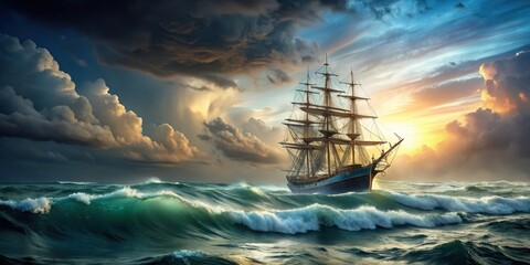 Obraz premium Majestic tall ship sails through stormy sea waves , stormy, turbulent, majestic, tall ship, sails, billowing, wind, waves, storm