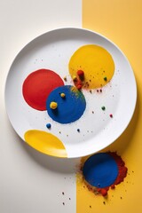 Colorful Paint Splashes on a White Plate.