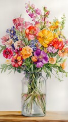 Vibrant bouquet of colorful flowers in a glass vase, beautifully arranged on a wooden table, perfect for spring and summer decor.