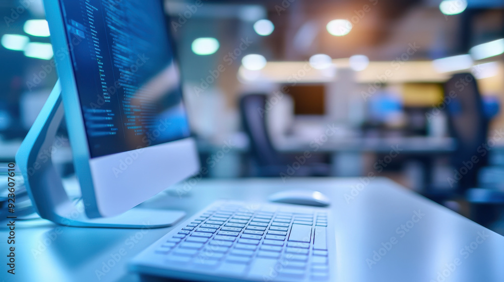 Poster a white computer keyboard prominently placed with a blurred office background, emphasizing productiv
