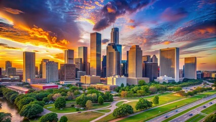 Houston Texas skyline with modern skyscrapers and beautiful sunset background, Houston, Texas, skyline