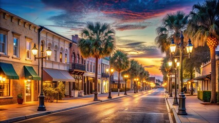 Obraz premium Historic downtown Fernandina Beach, Florida illuminated by streetlights at dusk, historic, downtown