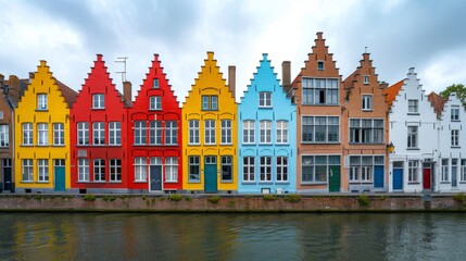 Naklejka premium Colorful row of historic houses along the canal in Bruges on a cloudy day