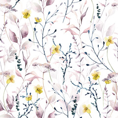 Watercolor painted floral seamless pattern. Blush pink branches, yellow flowers, dark blue and gray wild moss twigs, leaves, spikelets. Hand drawn illustration. Watercolour artistic template design.