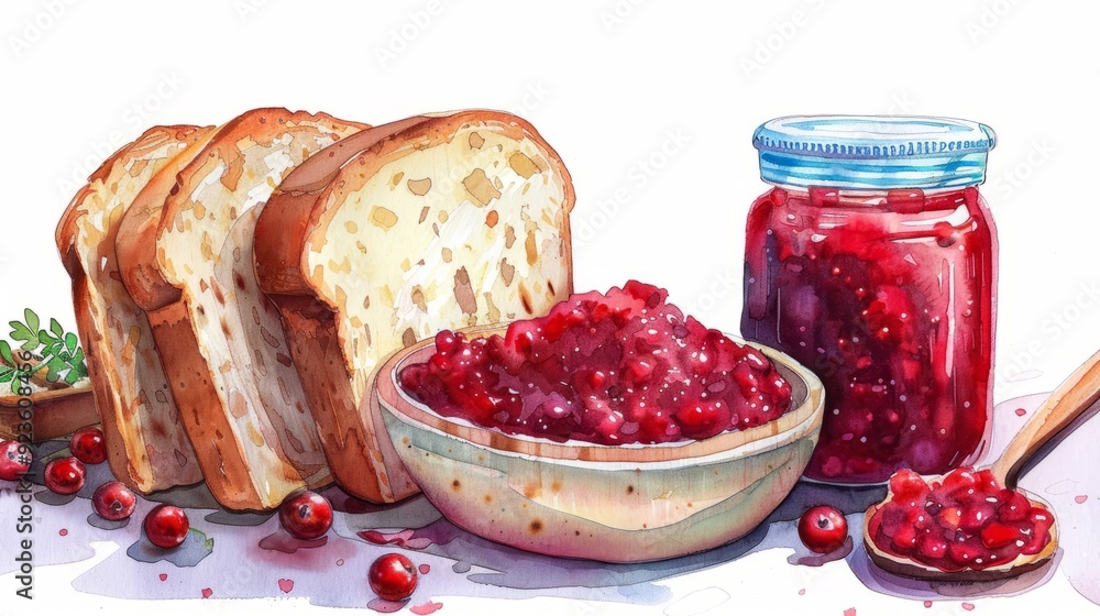Poster Bread and homemade berry jam displayed on a table with slices of toast and fresh ingredients