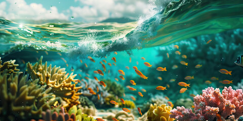 Fototapeta premium Ocean acidification is the silent killer of marine life, endangering coral reefs and fisheries: Depict ocean acidification as a corrosive wave washing over marine ecosystems