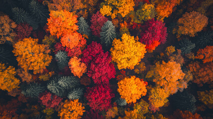 Aerial shot of an autumn forest with a kaleidoscope of reds, oranges and yellows creating a stunning natural tapestry from above