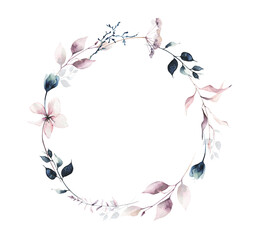Watercolor painted floral round frame. Pink flowers, deep blue wild meadow and forest twigs, moss branch, green leaves. Hand drawn illustration. Watercolour artistic template design.