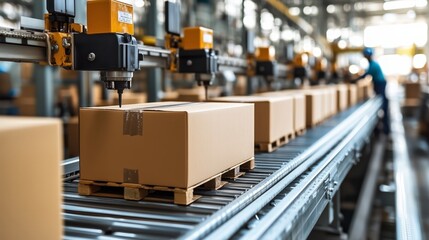 Fototapeta premium A close-up view of an automated packaging section within a modern warehouse. Cardboard boxes are lined up on a conveyor belt system, ready to be processed by machinery designed for efficient sealing