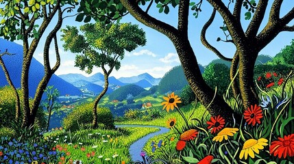 Forest Clearing with Colorful Flowers and Mountain Scenery