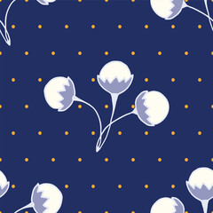 Vector dark blue seamless pattern background: White Crownberry Trios.