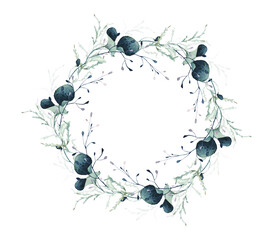 Watercolor painted floral garland round wreath frame. Blue, turquoise, green wild forest swamp twigs, moss branches, leaves, berries. Hand drawn illustration. Watercolour artistic template design.