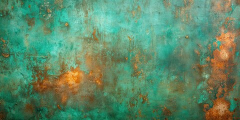 Abstract grunge texture background of old oxidized copper plating on teal and green concrete, copper, oxidized, plating