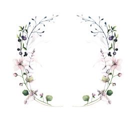 Watercolor painted floral symmetric round frame. Pink flowers, blue, green wild meadow and swamp twigs, moss branch, turquoise leaves. Hand drawn illustration. Watercolour artistic template design.