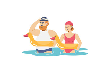 Couple people wearing inflatable rubber duck ring on isolated background, Vector illustration.