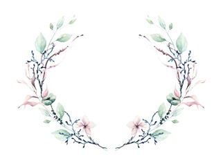 Watercolor painted floral symmetric round frame. Pink flowers, blue, turquoise wild meadow and forest twigs, moss branch, green leaves. Hand drawn illustration template. Watercolour template design.